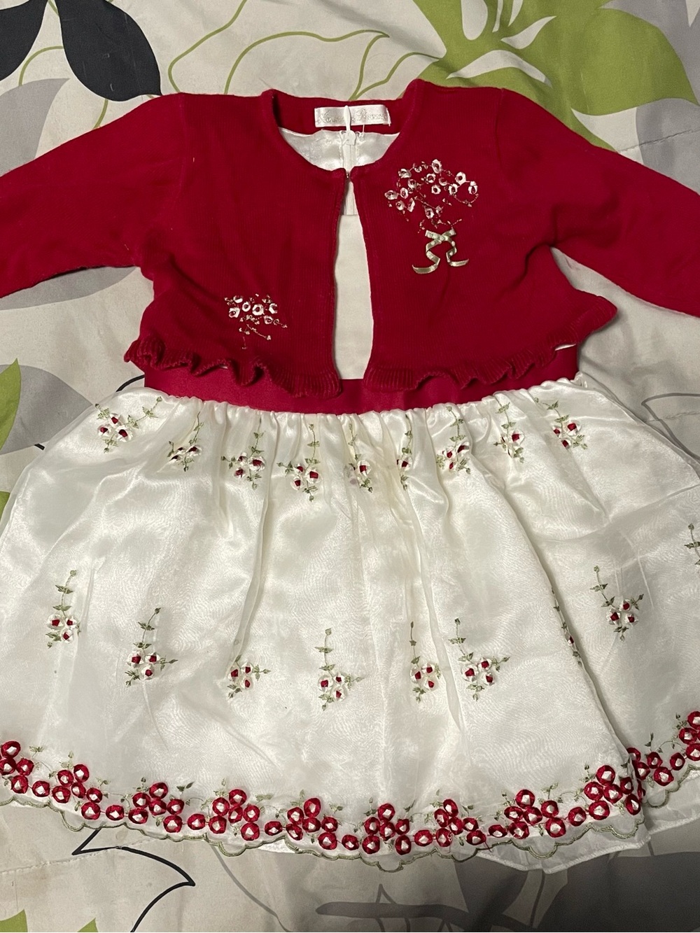 American Princess Red and White Embroidered Floral Holiday Dress